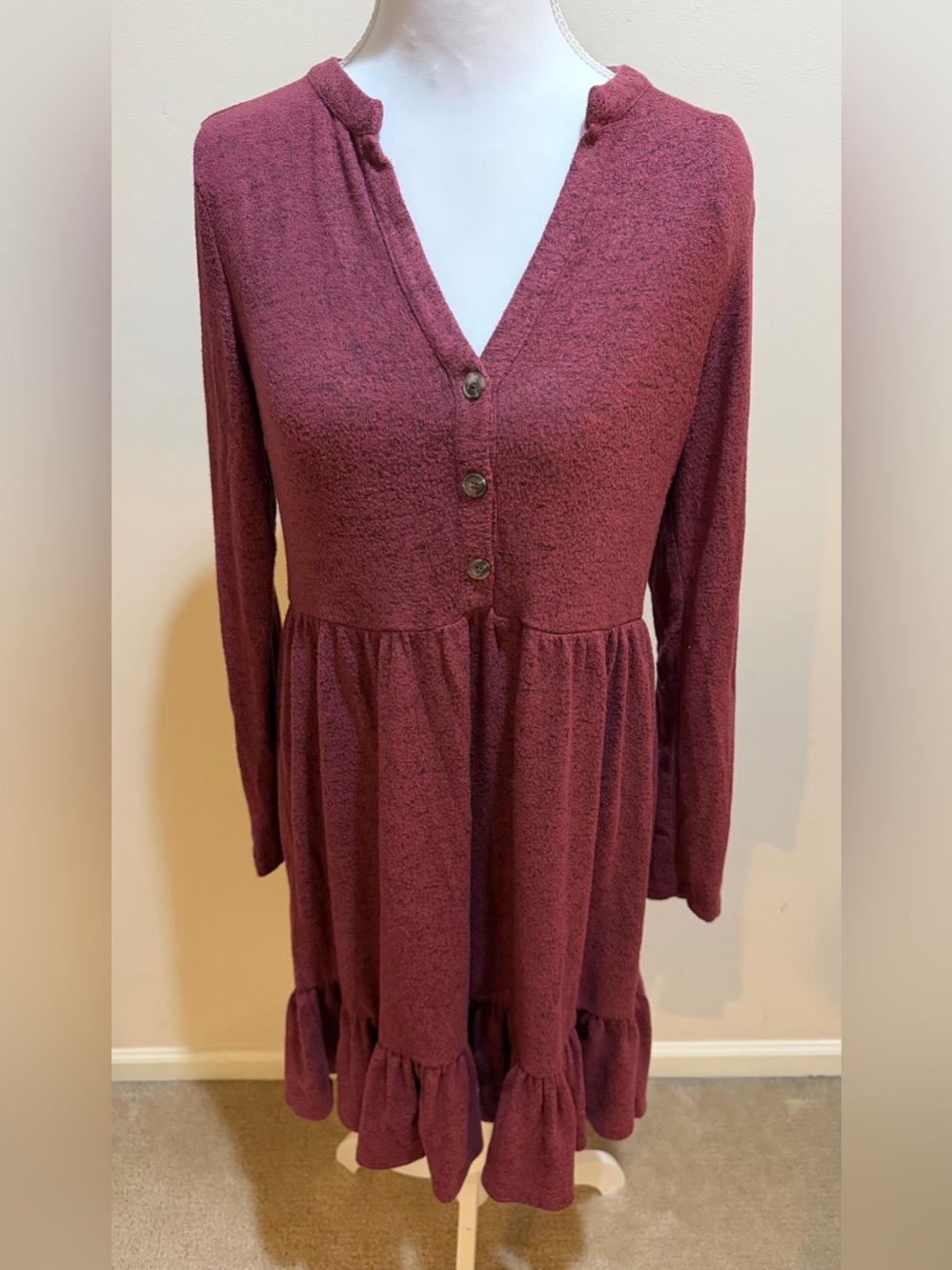 Hiatus Long Sleeve Burgundy Dress with Ruffle Deep V Neck Size Small